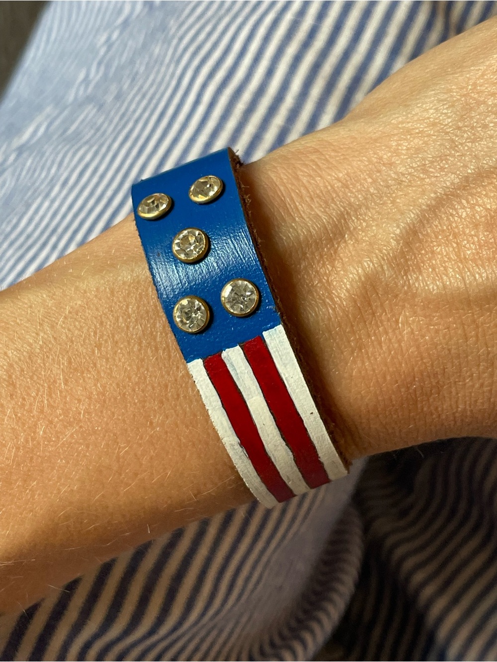 Patriotic Blue and Red Leather Bracelet with Rhinestone Studs